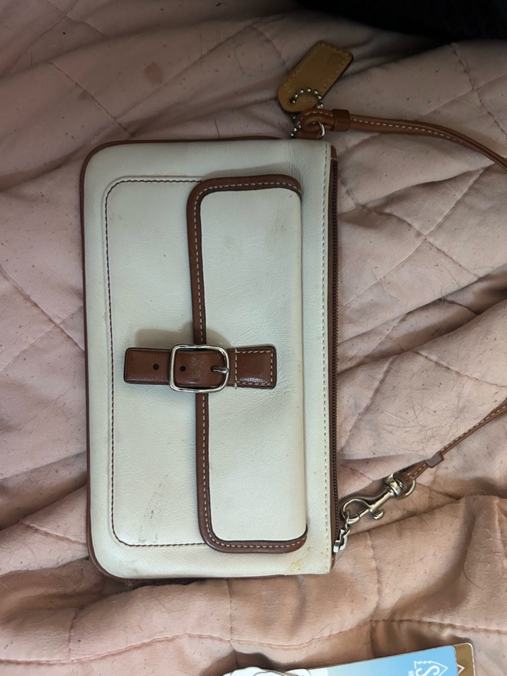 Coach White and Brown Leather Wristlet Clutch